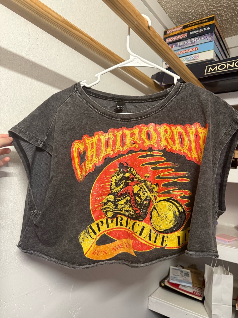 SHEIN Black Cropped Graphic Tank with Red & Yellow Motorcycle Print